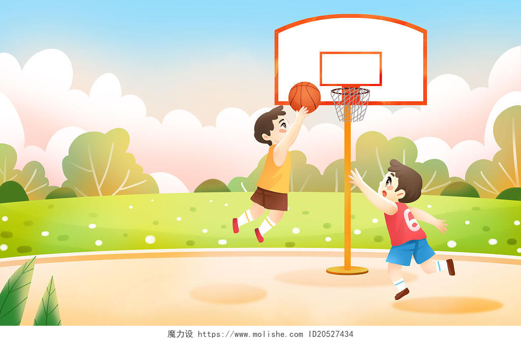 卡通手绘篮球插画户外打篮球的小男孩原创插画海报